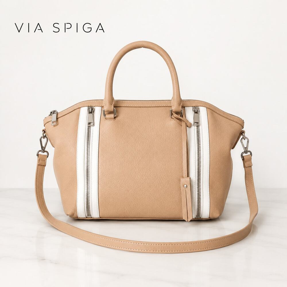 Via Spiga Stef Shine Leather Satchel Cream Beige Large Crossbody Handbag